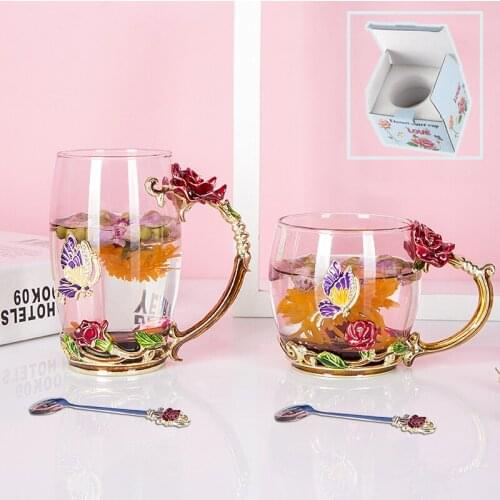 Red Rose Enamel Water Cup High Borosilicate Flower Tea Cup