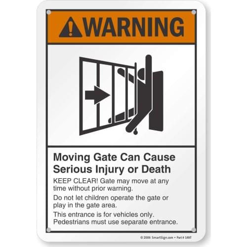 "Warning Moving Gate Can Cause Injury Or Death" Sign | 7" x8" Aluminum