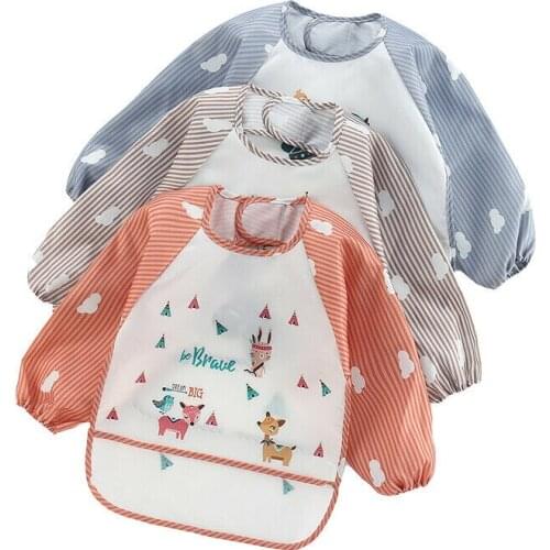 2020 New Baby Kids Toddler Cute Long Sleeve Waterproof Art Smock Feeding Bib Apron Pocket