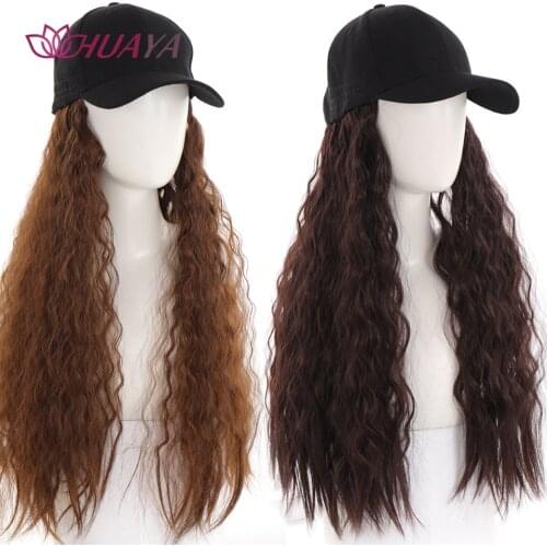 HUAYA Long Corn Wave Synthetic Baseball Cap Hair Wig Natural Black Wigs Naturally Connect Hat Wig Adjustable For women