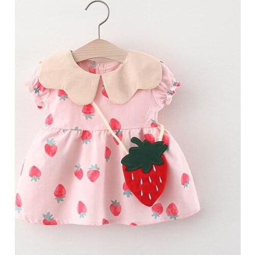 Strawberry Fruit Printed Girl Dress With Bag Toddler Kids Baby Girls Summer Casual Dresses 2021 Children Dress Clothing Outfit