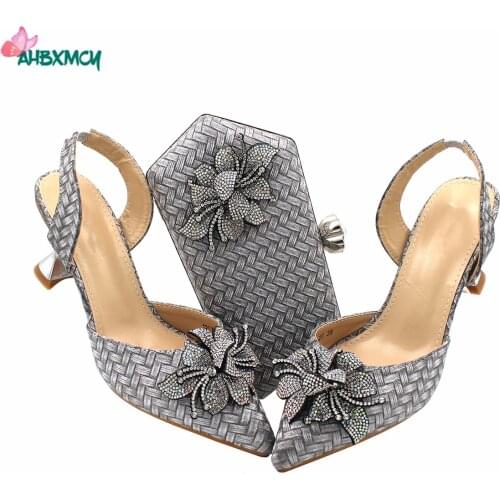 Silver Color New Design Specials 3 D PU Shoes Matching Bag Set Comfortable Heels African Women Sandals for Dress