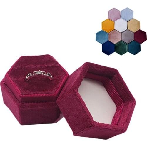 Velvet Double Ring Box Hexagon Wedding Ceremony Ring Box with Detachable Lid