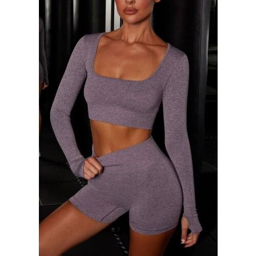 Long Sleeve Sports Sets Seamless Yoga Suits Leggings Sports Shorts Knit Yoga Sets Women Stretch Gym Shorts Sexy Running Outfits