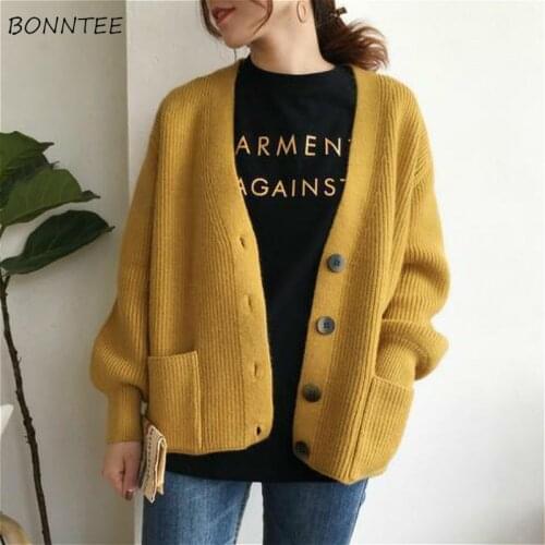 Sweaters Women Pure College 4 Colors Simple Autumn Thickening Warm Loose All-match Cardigans Pockets Korean Style Teens Clothing