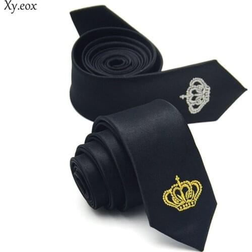 Unisex Student Party Black Gold Gold Silver Crown Embroidery Narrow Necktie