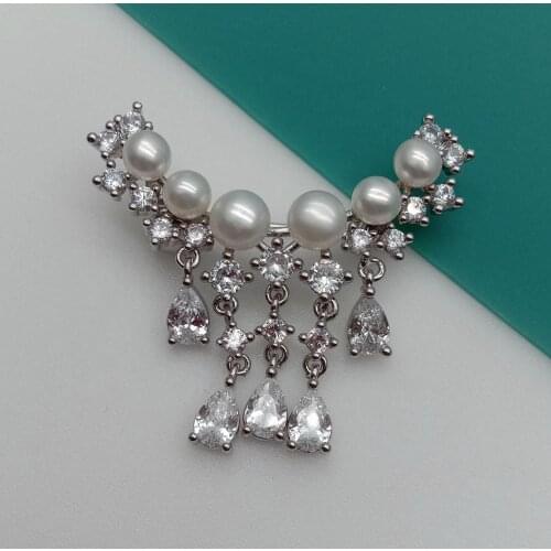 YYGEM natural Freshwater Cultured White Pearl Cubic Zirconia Pave Silver plated Brooch