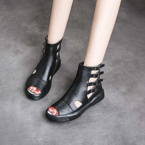 SONDR Women Genuine Leather Summer Boots Fashion Buckle Ladies Shoes 2020 Summer Comfortable Women Ankle Boots Flat Shoes