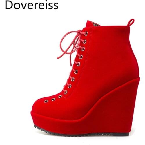 Dovereiss Fashion Womens Shoes Winter Pointed Toe new Wedges Cross tied Waterproof Wedding shoes sexy concise ankle boots 34-43