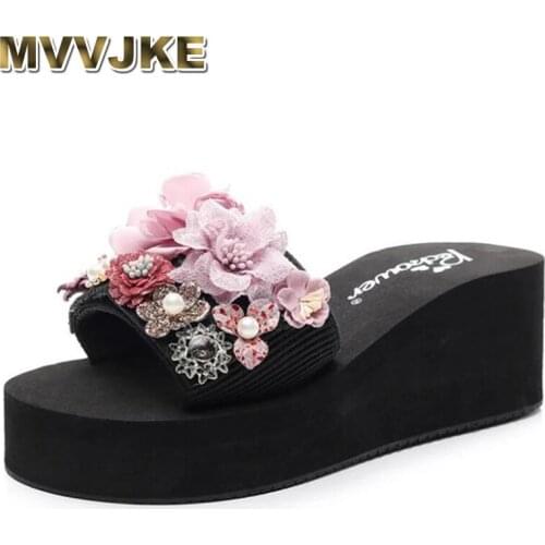 MVVJKE new 2020 summer female word slipper flower pearl seaside Vacation beach slipper fashion Wedge platform sandalia feminina