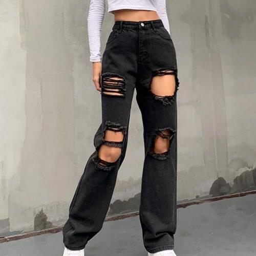 2021 New Autumn Casual Women Jeans Loose Long Trousers High Waist Straight Ripped Jeans Women Accessory Streetwear