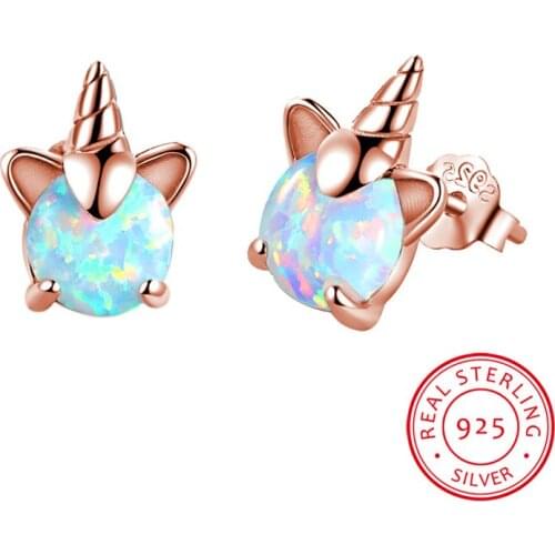 Unique Female Small Round Unicorn Earrings 925 Sterling Silver Stud Earrings For Women Boho Blue White Fire Opal Earrings
