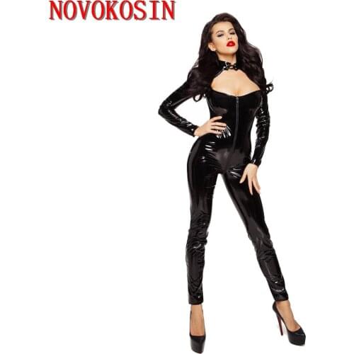 M-3XL Plus Size 2021 Sexy Black Motor Biker Jumpsuit Front Long Zipper Cross Crotch Women Fetish Faux Leather Open Bust Bodysuit