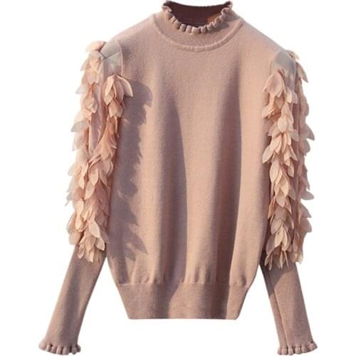Spring Autumn Loose Jumper Fashion Flowers Sleeves Sweater and Pullover Femme Pull Ruffled Collar Knitted Women Sweater
