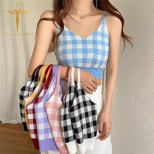 Vintage Camisole Womens V-Neck Sleeveless Plaid Print Crop Top Sexy Wild Knitwear Bottom Tank Vest Femme Y2K Slim Tank Camis