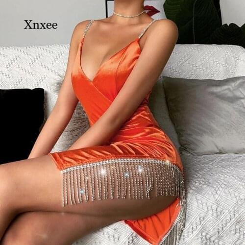 Crystal diamond hip Tassel Chain Bodycon Sexy Dress Women Sleeveless Strapless Elegant Mini Summer Dress Club Night Party Dress