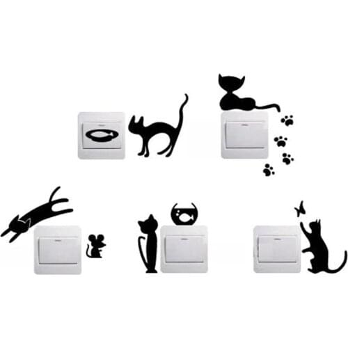 1 Set of 5pcs Removable Cute Lovely Cat Switch Wall Sticker Vinyl Decal Home Decor Cats are playing Switch animals decoration