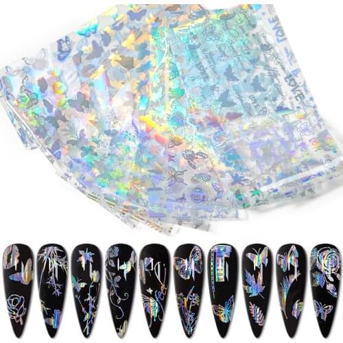 10pcs Holographic Nail Foil Butterfly Animal Lepoard Nail Art Transfer Stickers Decals Wraps Nail Art Decorations Tool