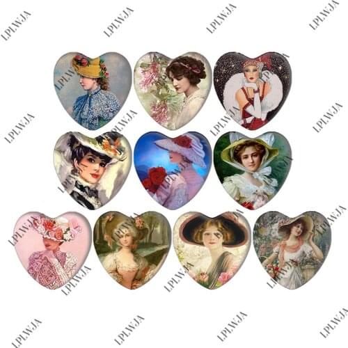 Zdying 10pcs Vintage Lady Woman Heart Shape Glass Cabochons Mix Photo Cover Pendant Cameo Settings Jewelry Findings