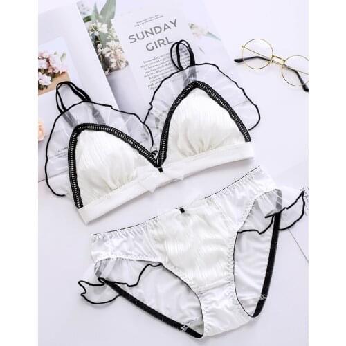 Cute Ruffles Trim Womens Cute Bra & Panties Set Chiffon Wirefree Soft Underwear Sleep Intimates Set Kawaii Lolita