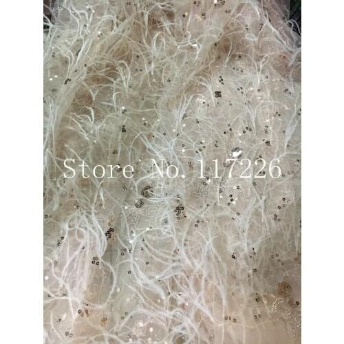 Nice looking fashion design top quality feather embroidery tulle mesh lace fabric with a little sequins for evening dress