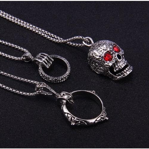 Fashion Punk Red Imitation Diamond Skull Magic Ring Pendant Necklace For Men Women 2021 Trend Stainless Steel Chain Jewelry Gift