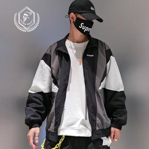 Men Fashion Loose Print Jacket Casual Patchwork Hip Hop Coat