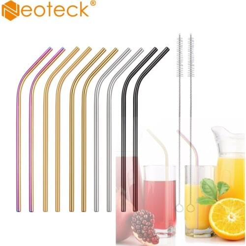 Neoteck 10 Pcs Stainless Steel Metal Straws Drink Reusable & Cleaners Party Bar Assorted bent straws With Brushes