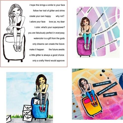 Girl Sitting On Suitcase&Blessed Phrases Clear Stamps For DIY Card Making Kids Transparent Silicone Stamp New 2019