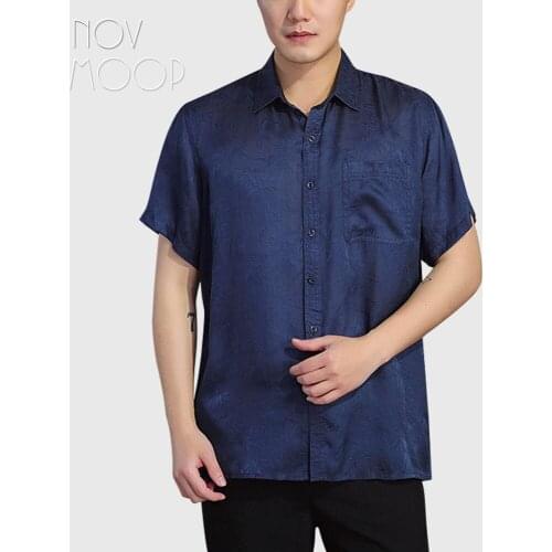 Novmoop pure natural silk mens top shirt trip style daily wear jacquard bamboo pattern Camisa de seda para hombre LT3472