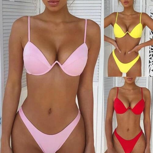 Sexy Women Solid Color Swimsuit Underwired Bra G-string Briefs Beach Bikini Set Womens underwear купальники женские 2020