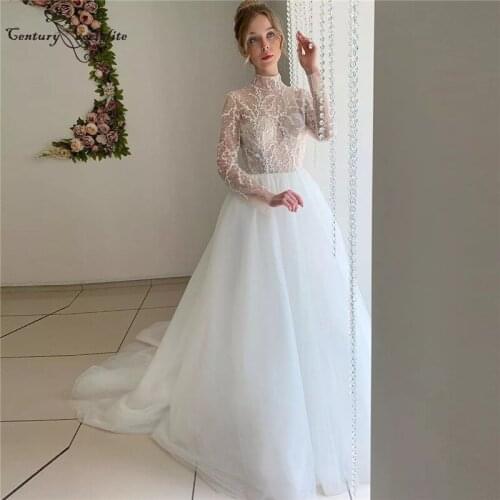 High Neck Boho Wedding Dresses 2020 Long Sleeve Bride Dress for Women Lace Appliques Button Back A-Line Princess Wedding Gowns