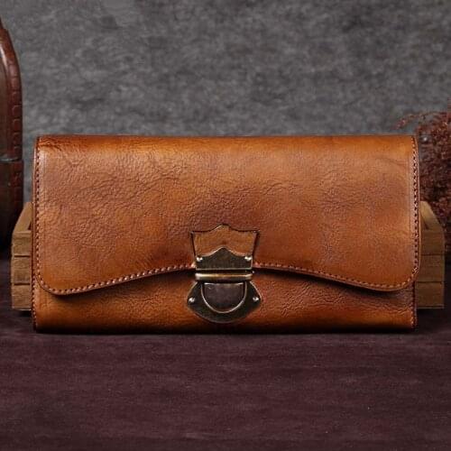 Vintage Leather Womens Long Wallets Female Card Holder Buckle Wallet Large Capacity Coin Purses Zipper Mobile Phone Clutch Bags