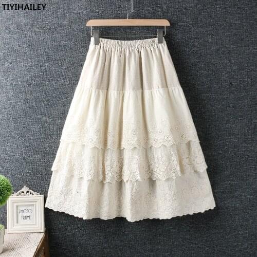 TIYIHAILEY Free Shipping 2021 New Cotton Linen Women Skirt Summer Long mid-calf Elastic Waist A-line Embroidery Lace Patchwork