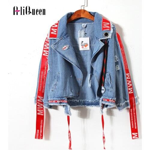Harajuku Streetwear Short Denim Jacket Women Hip Hop Letter Embroidery Ribbon Female Jeans Coat 2020 Casual Loose Cowboy Outwear
