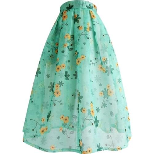 2021 summer vintage printed Organza umbrella skirt women high waist knee length ball gown skirt