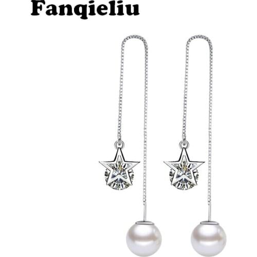 Fanqieliu Star Zircon & Pearl Dangle Earrings 925 Sterling Silver Drop Earrings For Women Long Chain Ear Line Earring FQL1932615