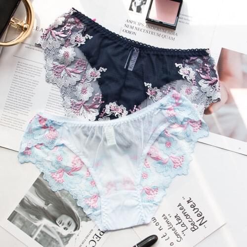 Wasteheart Women Fashion Pink Trim Lace Embroidery Panties Cotton Bottom Low Waist Sexy Women Panties Underwear Lingerie Briefs