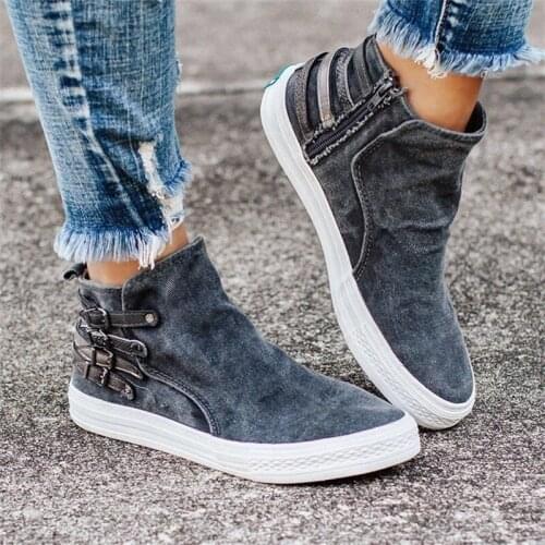 2021 Autumn Spring Women Casual Shoes Canvas Shoes Women Casual Zipper Buckle Flat Heel Sneakers Fashion Female Walking Shoes