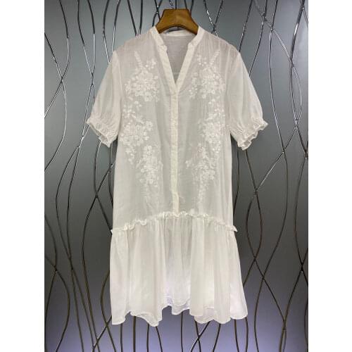 Newest Fashion Summer Dress 2021 High Quality Women Luxurious Embroidery Short Sleeve Casual White Club Dress Cotton Linen