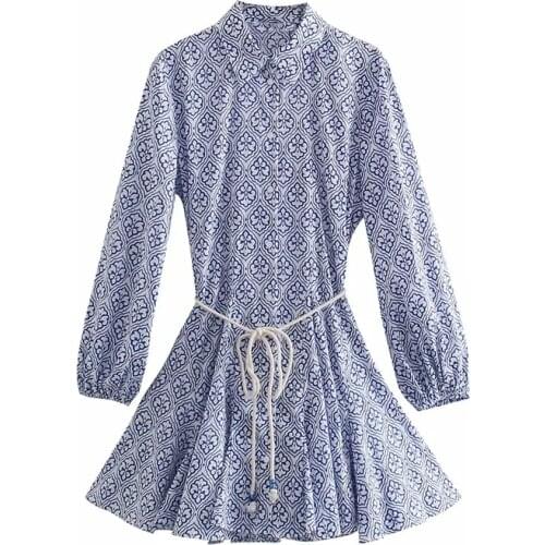 2021 New spring floral Pleated Blouses Dresses Holiday Women robe Full Sleeve lacing Casual Vestidos lapel Chic Mini shirt Dress