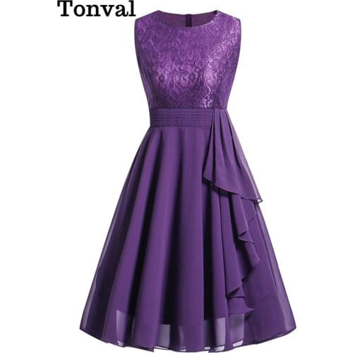 Tonval Lace and Chiffon Elegant Peplum High Waist Purple Swing Dresses for Women Sleeveless Party Robe Female A Line Dress