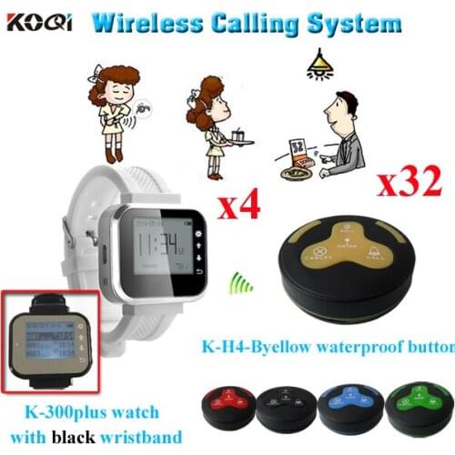 Waiter Restaurant Wireless Ordering System Electronic Call Bell Pager For Hotel( 4 watch receiver + 32 waterproof table bell)