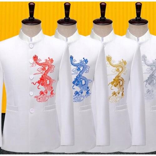 Blazer men Chinese tunic suit Embroidered dragon jackets white formal dress mens wedding suits singer stage cloth Stand collar