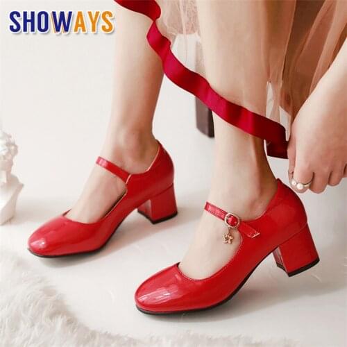 Big Size Patent Leather Women Pumps Red Black Sweet Round Toe Mary Janes Casual Party Office High Square Heel Buckle Strap Shoes