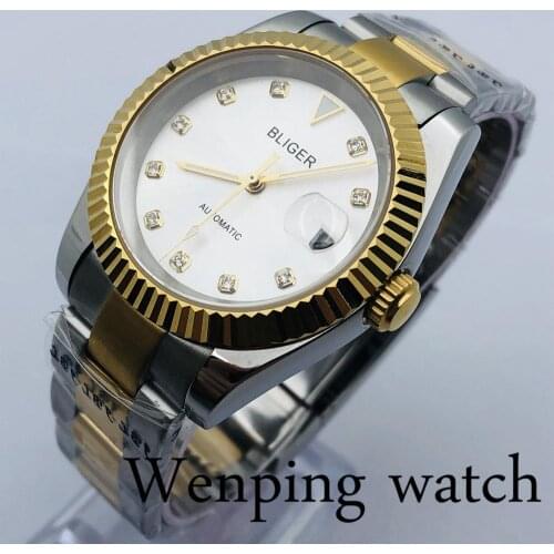 Bliger 40mm Mens Top Casual Automatic Watch Silver Gold Case Sapphire Glass Silver Dial Waterproof Mechanical Watch Luxury Gift