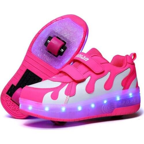 Kids LED usb charging roller shoes glowing light up luminous sneakers with wheels kids rollers skate shoes for boy girls