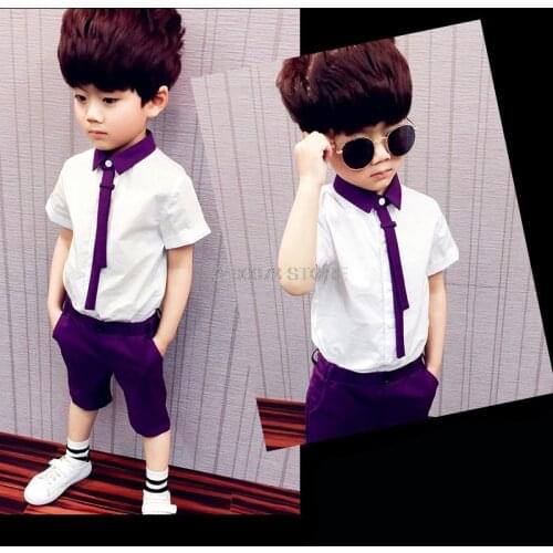 Kids Wedding Party Dress School Kids kindergarten Ceremony Costume Baby Boys Summer Shirt +Shorts 2Pcs Clothing Set