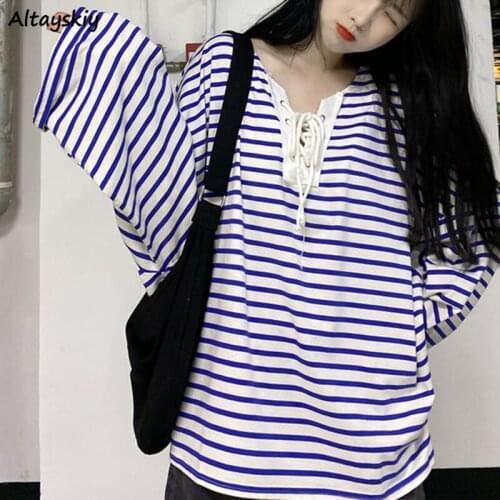 Striped T-shirts Women Sailor Lace-up Japanese Style All-match Loose Leisure Trendy College Student Female Top Popular Harajuku