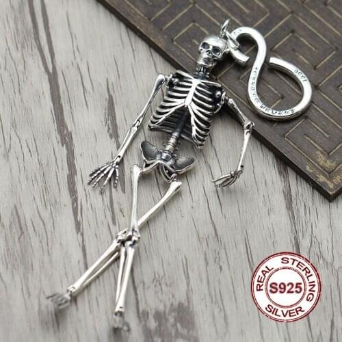 H03 s925 sterling silver keychain jewelry personality hip hop skull bag buckle keychain retro do old style buckle s buckle